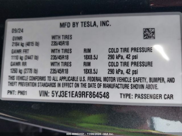 Photo 8 VIN: 5YJ3E1EA9RF864548 - TESLA MODEL 3 