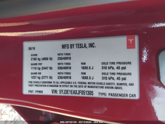 Photo 8 VIN: 5YJ3E1EAXJF051305 - TESLA MODEL 3 