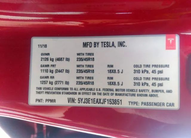 Photo 8 VIN: 5YJ3E1EAXJF153851 - TESLA MODEL 3 