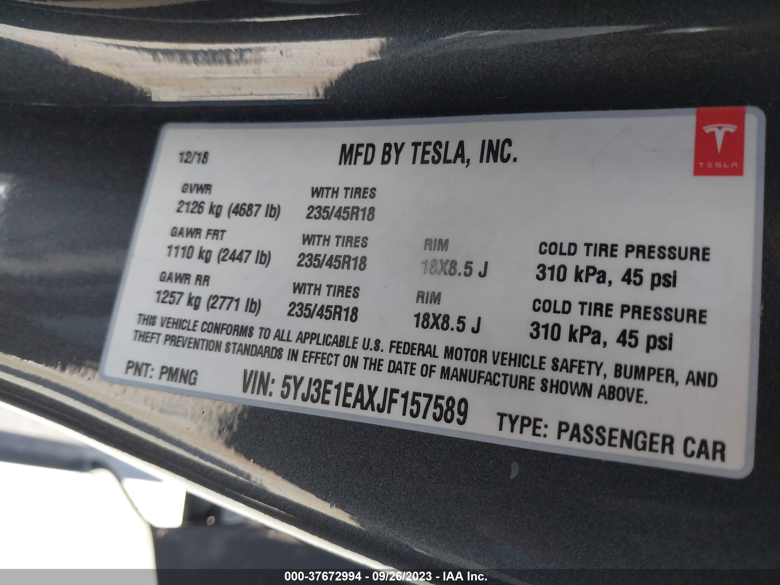 Photo 8 VIN: 5YJ3E1EAXJF157589 - TESLA MODEL 3 