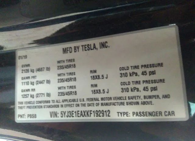 Photo 8 VIN: 5YJ3E1EAXKF192912 - TESLA MODEL 3 