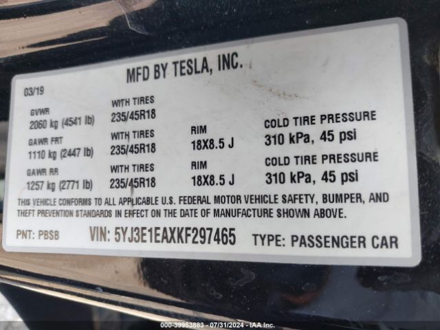 Photo 8 VIN: 5YJ3E1EAXKF297465 - TESLA MODEL 3 