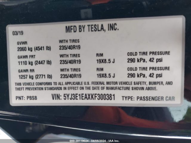 Photo 8 VIN: 5YJ3E1EAXKF300381 - TESLA MODEL 3 