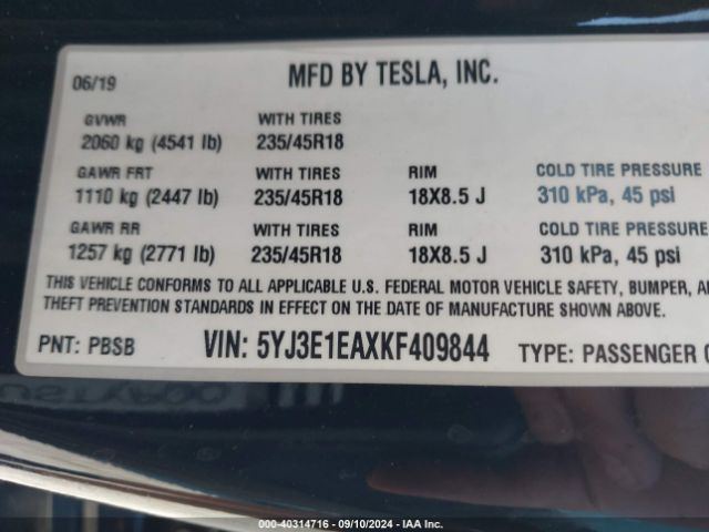 Photo 8 VIN: 5YJ3E1EAXKF409844 - TESLA MODEL 3 