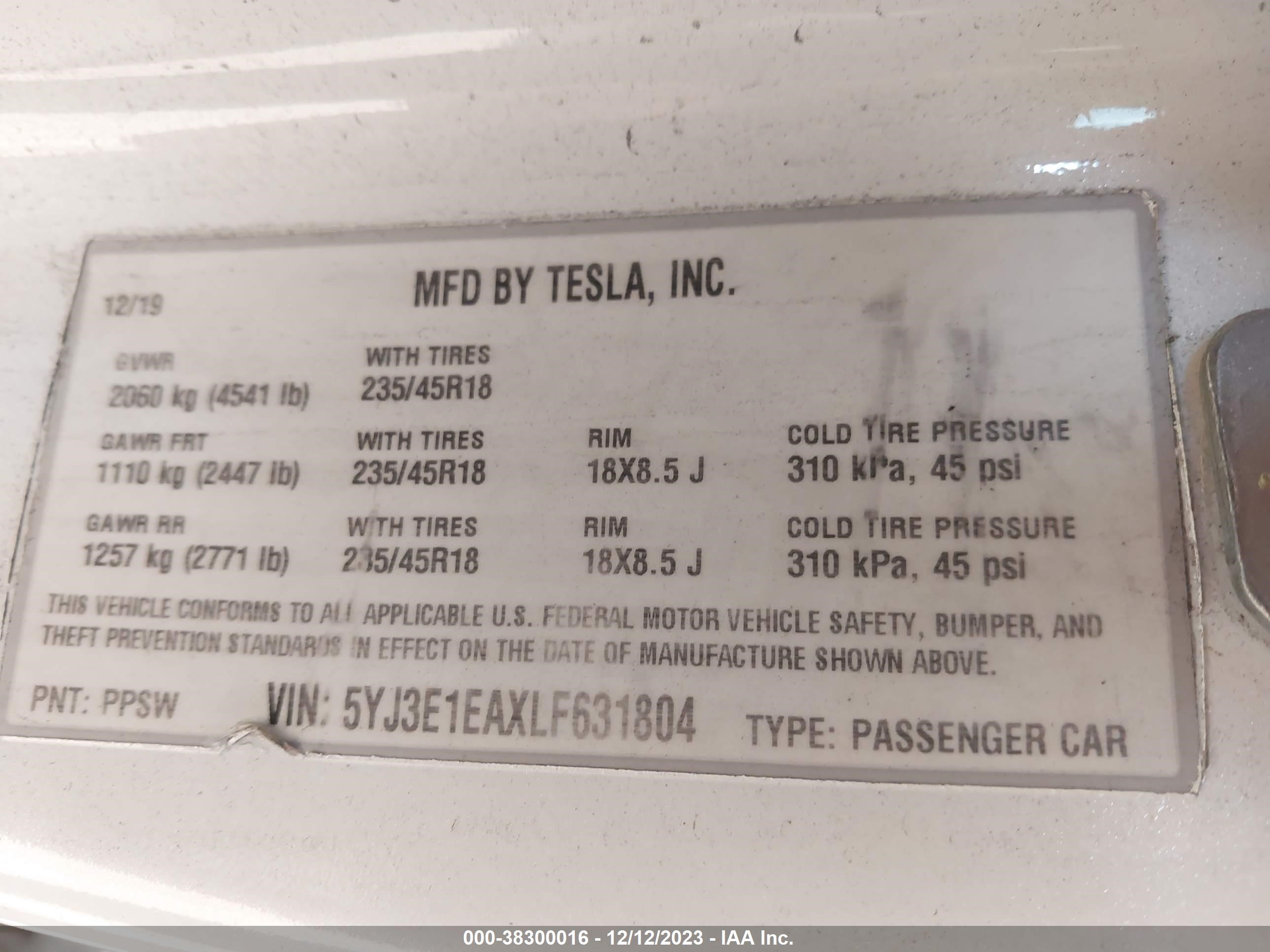 Photo 7 VIN: 5YJ3E1EAXLF631804 - TESLA MODEL 3 