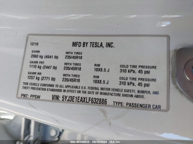 Photo 8 VIN: 5YJ3E1EAXLF632886 - TESLA MODEL 3 