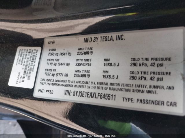 Photo 8 VIN: 5YJ3E1EAXLF645511 - TESLA MODEL 3 