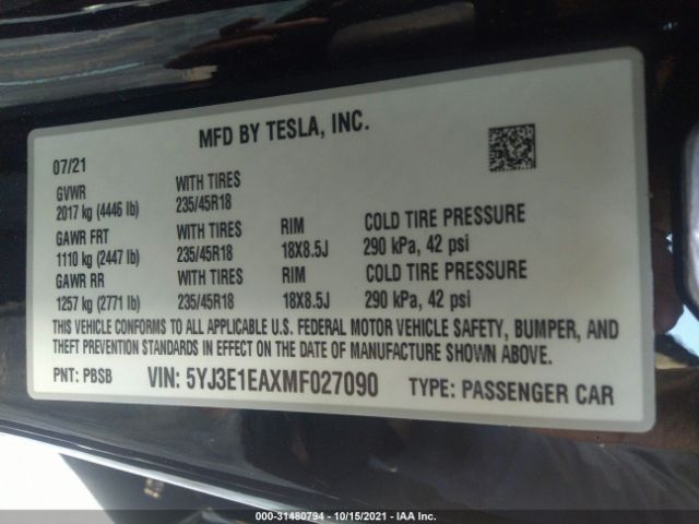 Photo 8 VIN: 5YJ3E1EAXMF027090 - TESLA MODEL 3 