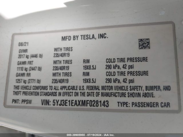 Photo 8 VIN: 5YJ3E1EAXMF028143 - TESLA MODEL 3 