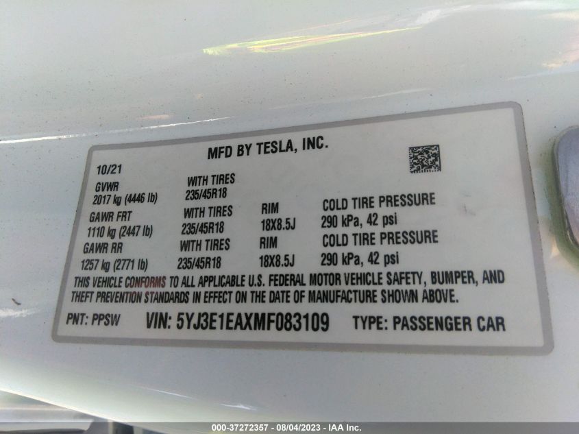 Photo 8 VIN: 5YJ3E1EAXMF083109 - TESLA MODEL 3 