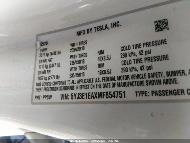 Photo 8 VIN: 5YJ3E1EAXMF854751 - TESLA MODEL 3 