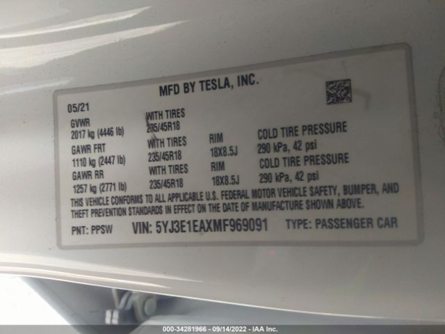 Photo 8 VIN: 5YJ3E1EAXMF969091 - TESLA MODEL 3 