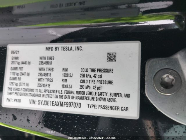 Photo 8 VIN: 5YJ3E1EAXMF997070 - TESLA MODEL 3 