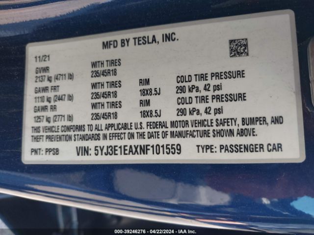 Photo 8 VIN: 5YJ3E1EAXNF101559 - TESLA MODEL 3 