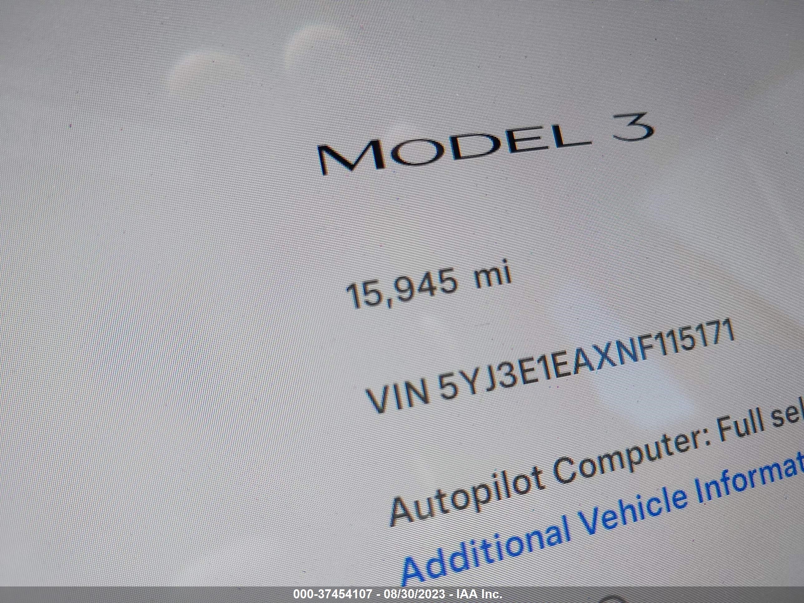 Photo 14 VIN: 5YJ3E1EAXNF115171 - TESLA MODEL 3 