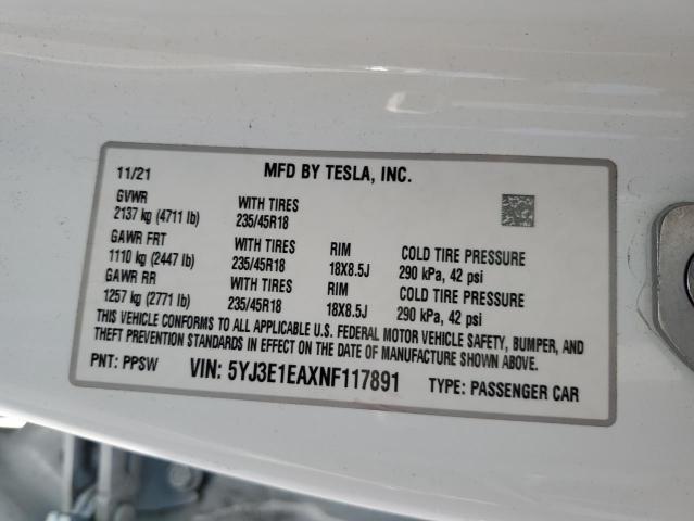 Photo 11 VIN: 5YJ3E1EAXNF117891 - TESLA MODEL 3 