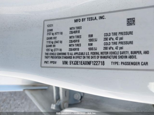 Photo 8 VIN: 5YJ3E1EAXNF122718 - TESLA MODEL 3 