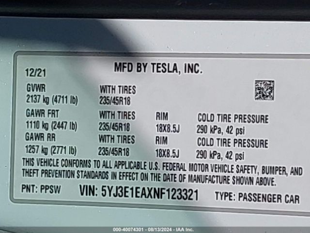 Photo 8 VIN: 5YJ3E1EAXNF123321 - TESLA MODEL 3 