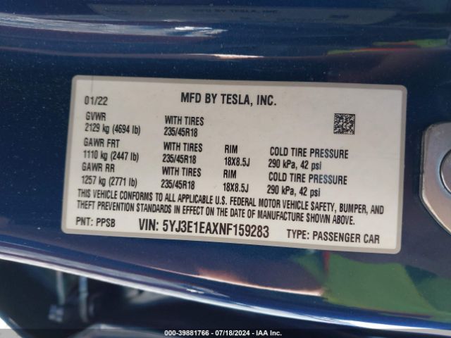 Photo 8 VIN: 5YJ3E1EAXNF159283 - TESLA MODEL 3 