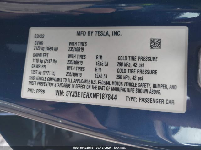 Photo 8 VIN: 5YJ3E1EAXNF187844 - TESLA MODEL 3 