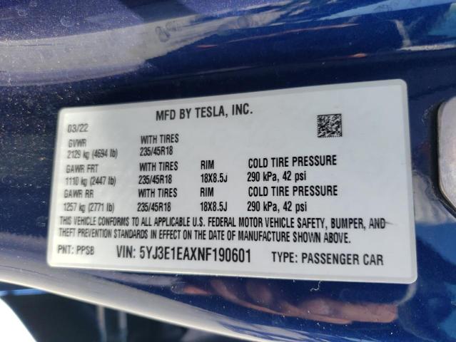 Photo 11 VIN: 5YJ3E1EAXNF190601 - TESLA MODEL 3 