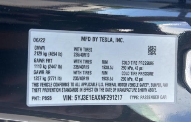 Photo 9 VIN: 5YJ3E1EAXNF291217 - TESLA MODEL 3 