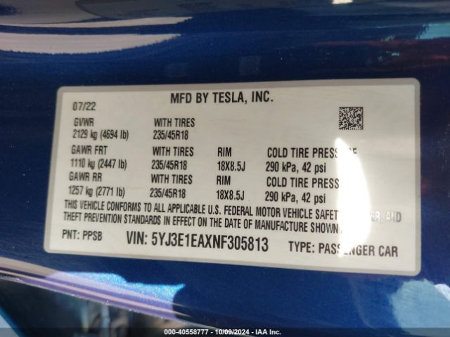 Photo 8 VIN: 5YJ3E1EAXNF305813 - TESLA MODEL 3 