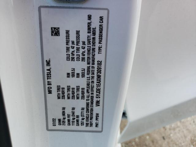 Photo 12 VIN: 5YJ3E1EAXNF309182 - TESLA MODEL 3 