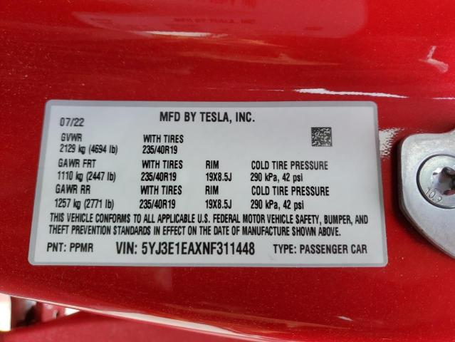 Photo 11 VIN: 5YJ3E1EAXNF311448 - TESLA MODEL 3 