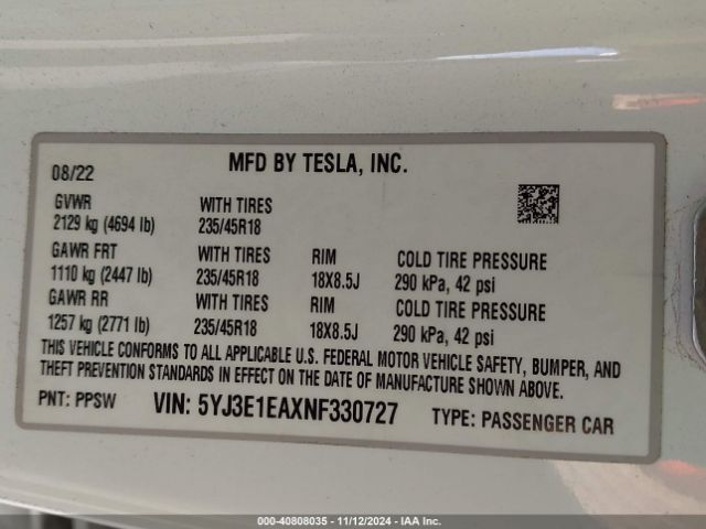 Photo 8 VIN: 5YJ3E1EAXNF330727 - TESLA MODEL 3 