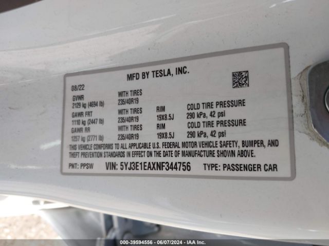 Photo 8 VIN: 5YJ3E1EAXNF344756 - TESLA MODEL 3 