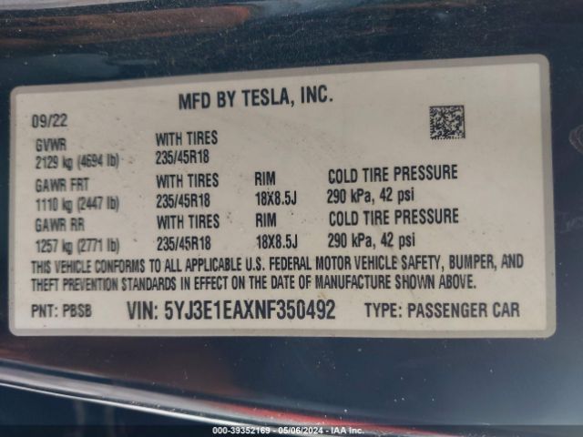 Photo 8 VIN: 5YJ3E1EAXNF350492 - TESLA MODEL 3 