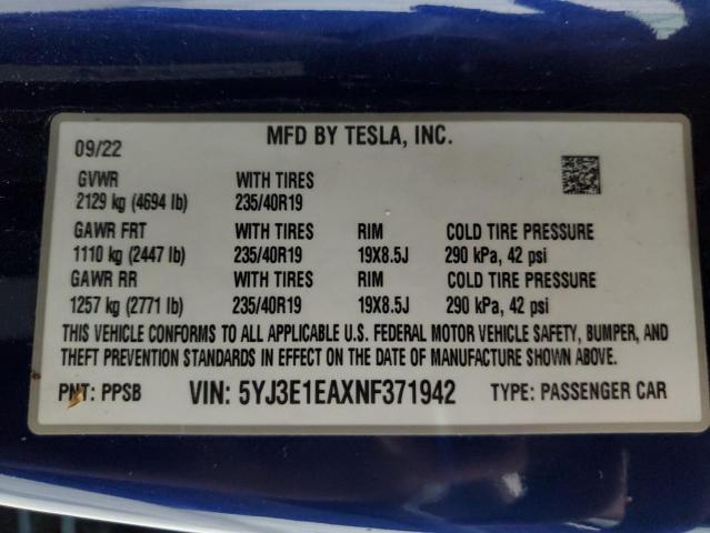 Photo 11 VIN: 5YJ3E1EAXNF371942 - TESLA MODEL 3 