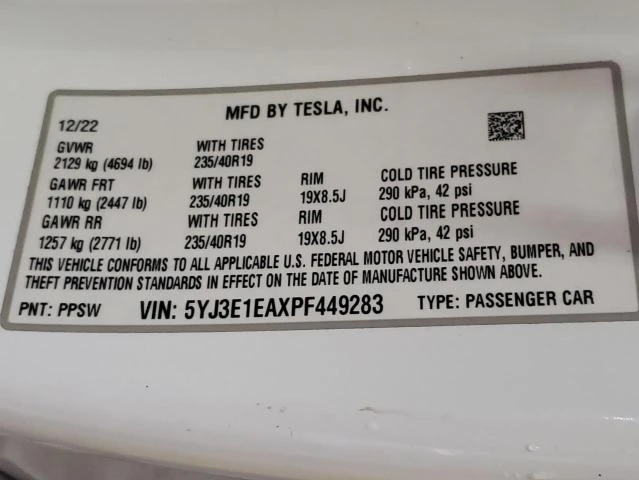 Photo 12 VIN: 5YJ3E1EAXPF449283 - TESLA MODEL 3 