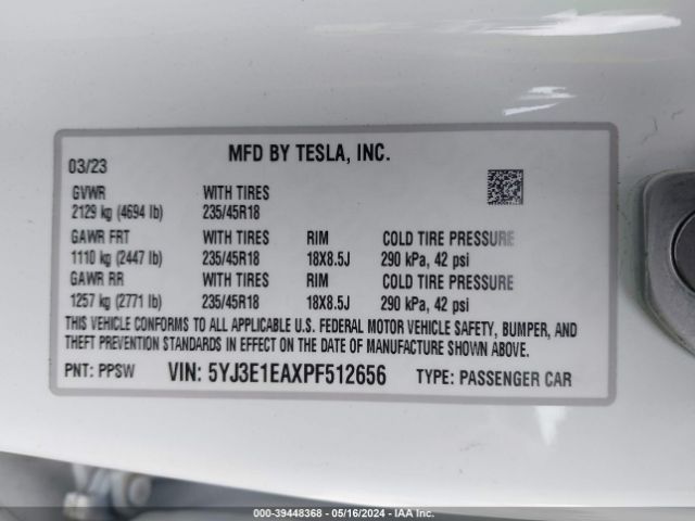 Photo 8 VIN: 5YJ3E1EAXPF512656 - TESLA MODEL 3 