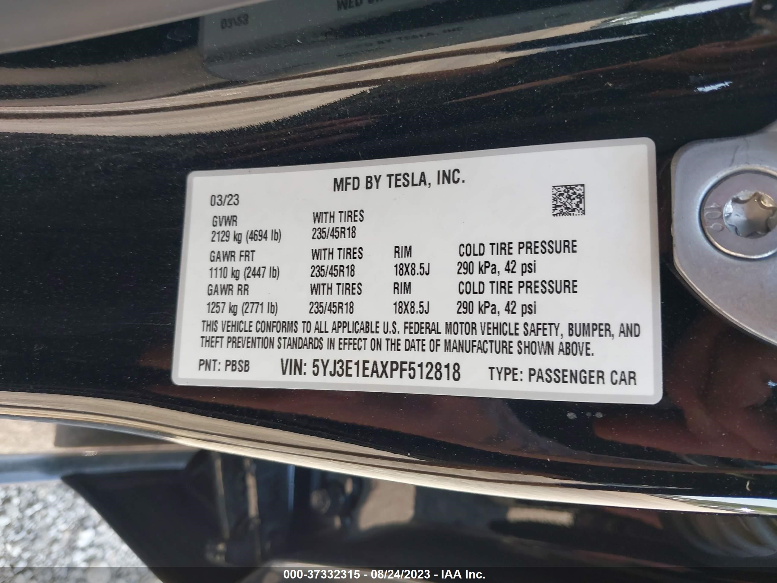 Photo 8 VIN: 5YJ3E1EAXPF512818 - TESLA MODEL 3 