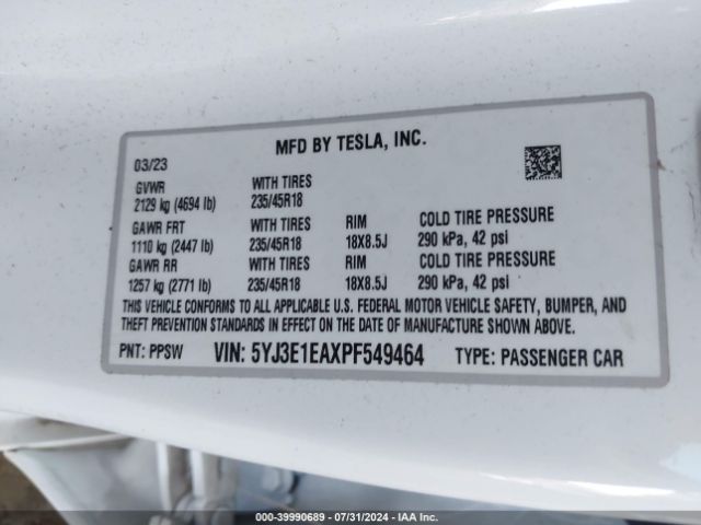 Photo 8 VIN: 5YJ3E1EAXPF549464 - TESLA MODEL 3 