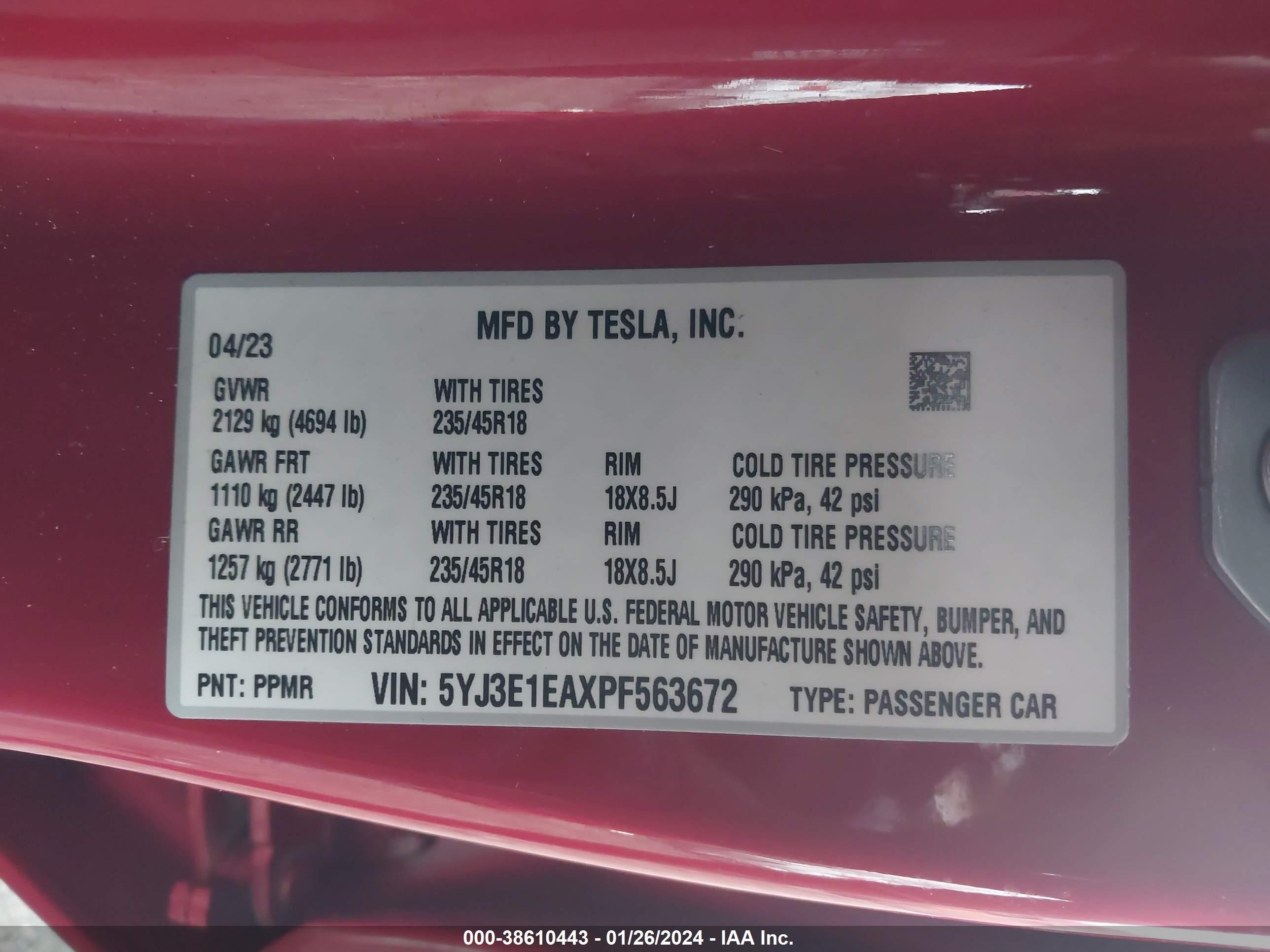 Photo 7 VIN: 5YJ3E1EAXPF563672 - TESLA MODEL 3 