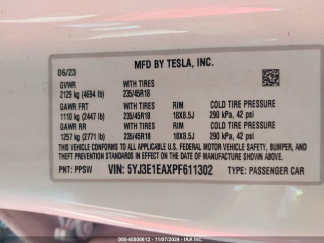 Photo 8 VIN: 5YJ3E1EAXPF611302 - TESLA MODEL 3 