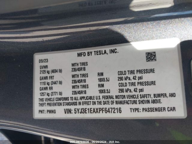 Photo 8 VIN: 5YJ3E1EAXPF647216 - TESLA MODEL 3 