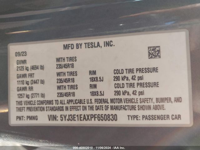 Photo 8 VIN: 5YJ3E1EAXPF650830 - TESLA MODEL 3 