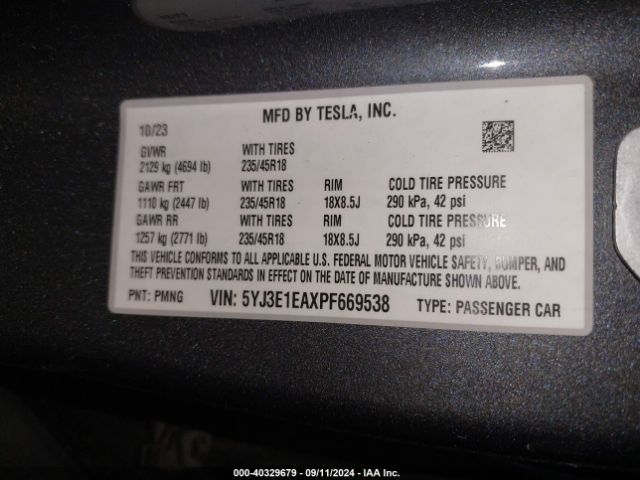 Photo 8 VIN: 5YJ3E1EAXPF669538 - TESLA MODEL 3 