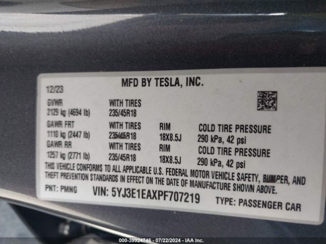 Photo 8 VIN: 5YJ3E1EAXPF707219 - TESLA MODEL 3 