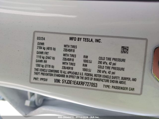 Photo 8 VIN: 5YJ3E1EAXRF727053 - TESLA MODEL 3 