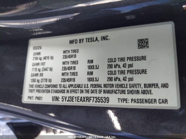 Photo 8 VIN: 5YJ3E1EAXRF735539 - TESLA MODEL 3 