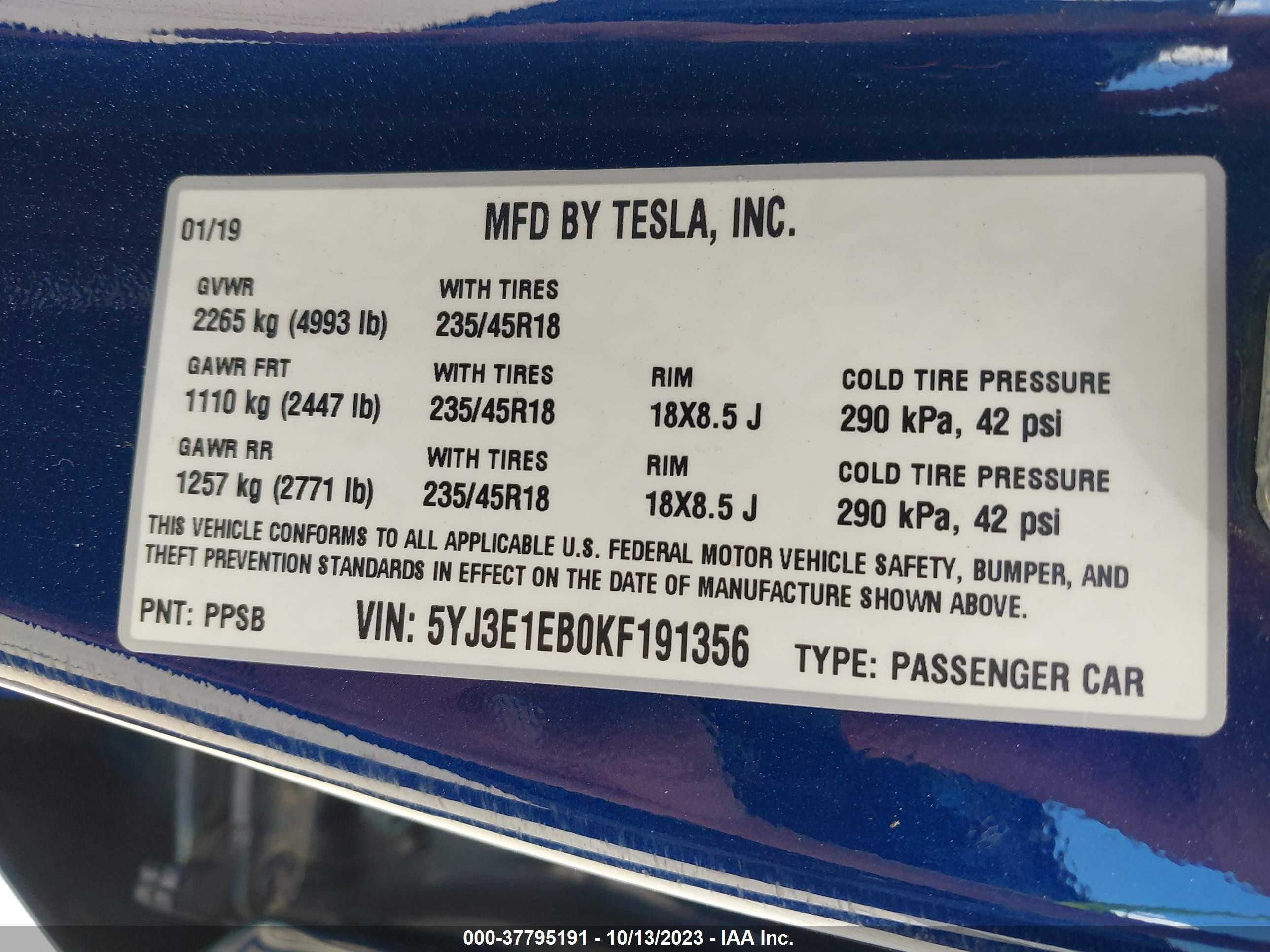 Photo 8 VIN: 5YJ3E1EB0KF191356 - TESLA MODEL 3 