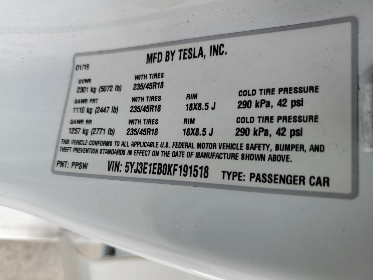 Photo 12 VIN: 5YJ3E1EB0KF191518 - TESLA MODEL 3 