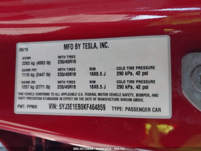 Photo 8 VIN: 5YJ3E1EB0KF464859 - TESLA MODEL 3 