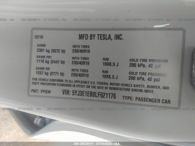 Photo 8 VIN: 5YJ3E1EB0LF621176 - TESLA MODEL 3 