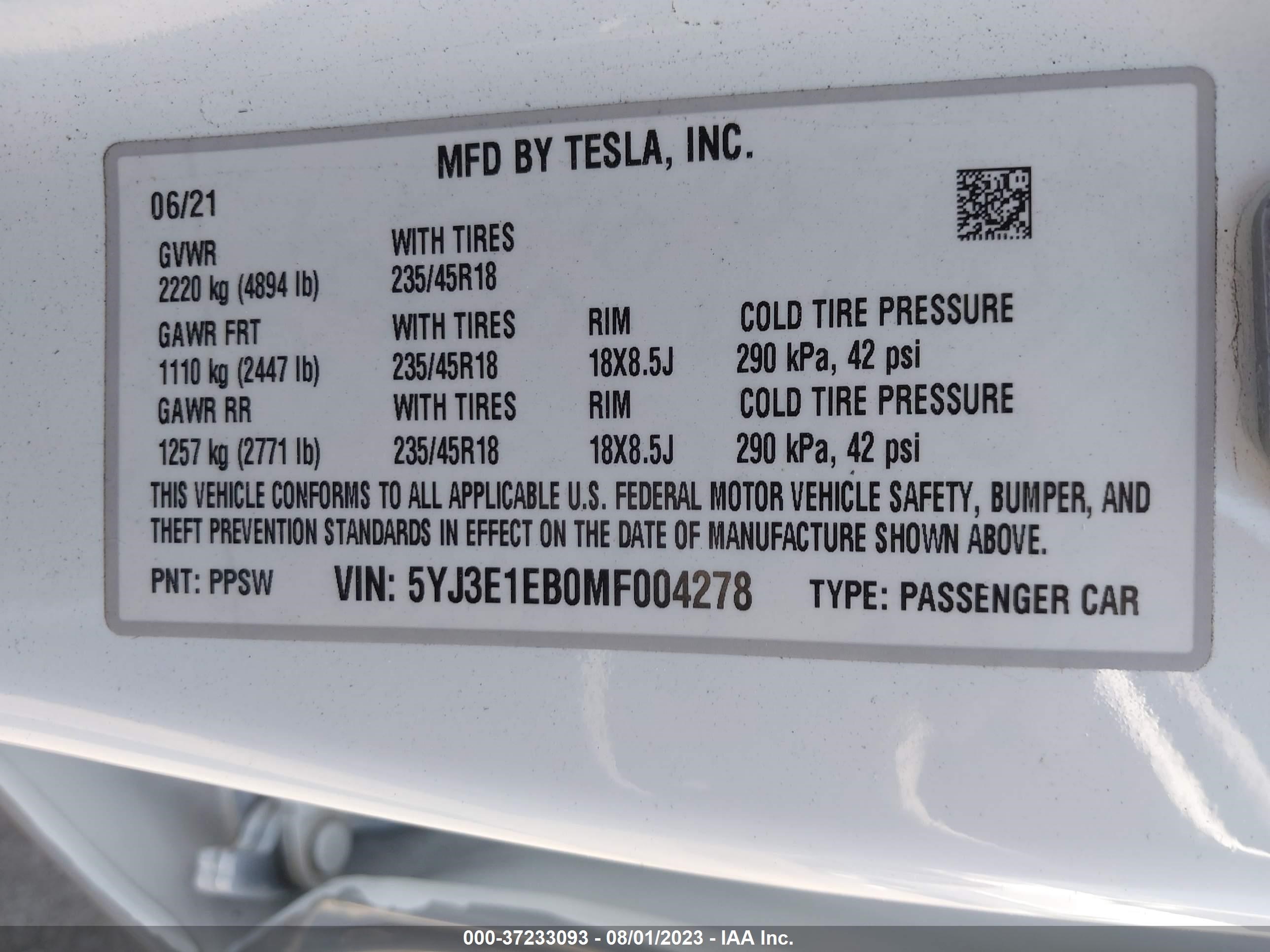 Photo 8 VIN: 5YJ3E1EB0MF004278 - TESLA MODEL 3 